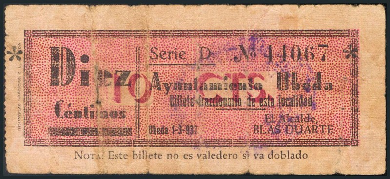 UBEDA (JAEN). 10 Céntimos, 25 Céntimos y 50 Céntimos. 1 de Marzo de 1937. Tipo a...