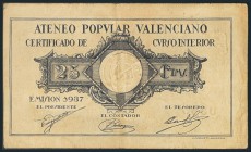 VALENCIA. 25 Céntimos. 1937. Anverso en negro y reverso en marrón. (González: 5301). Raro. BC.
