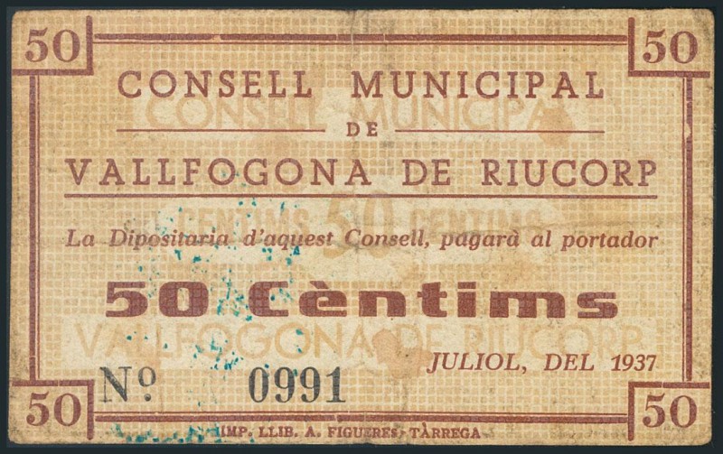 VALL FOGONA (GERONA). 50 céntimos. Julio 1937. BC.