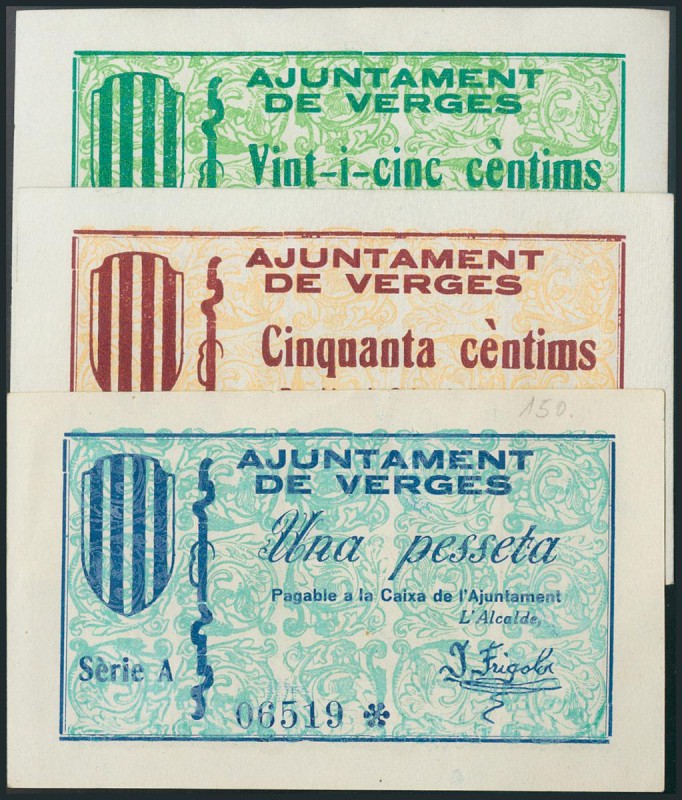 VERGES (GERONA). 25 Céntimos, 50 Céntimos y 1 Peseta. (1937ca). Todos Serie A. E...