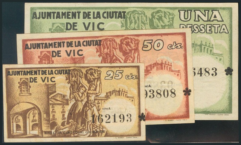 VIC (BARCELONA). 25 Céntimos, 50 céntimos y 1 Peseta. 7 de Junio de 1937. Todos ...