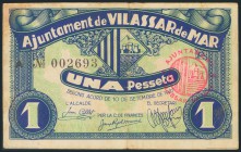 VILASSAR DE MAR (BARCELONA). 1 Peseta. 10 de Septiembre de 1937. Serie A. BC.