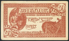 BILLETE MILITAR-501 BATALLON. 50 Céntimos. 1937. Anverso color marrón y reverso en color verde. (González: 5871 variedad). Raro. EBC.