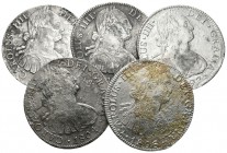 CARLOS IV. Lote compuesto por 5 monedas de 8 Reales de México. 1797 FM Cal-691 (2), 1804 TH Cal-701, 1806 TH Cal-705 y 1807 TH Cal-707. Todos con oxid...