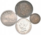 MONARQUIA ESPAÑOLA. Lote compuesto por 4 monedas, conteniendo: Felipe V. 2 Reales. 1723 Madrid A; Isabel II. 1 Céntimo de Escudo. 1867 Segovia OM; Alf...