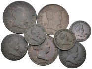 ISABEL II y FERNANDO VII. Lote compuesto por 8 monedas de cobre: Isabel II: Barcelona. 2 Maravedís. 1858, 8 Maravedís. 1855; Jubia. 4 Maravedís. 1847 ...