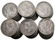 ALFONSO XII. Lote compuesto por 66 monedas de 5 Pesetas conteniendo: 1885 (12); 1876 *18-75 (3); 1876 *18-76 (9); 1877 (4); 1878. DEM (9); 1878. EMM (...