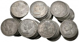 ALFONSO XIII. Lote compuesto por 54 monedas de 5 Pesetas conteniendo: 1888. MPM (7); 1889 (6); 1890. MPM (3)/PGM (2); 1891 (13); 1892 (2); 1892 *18-92...