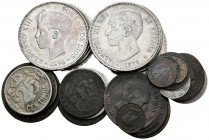 ISABEL II Y CENTENARIO DE LA PESETA. Lote compuesto por 36 monedas, conteniendo: Isabel II. 2 1/2 Céntimos de Escudo. 1868. Jubia y Segovia, 5 Céntimo...