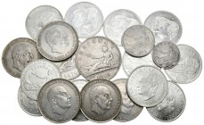ESPAÑA. Lote compuesto por 20 monedas de plata. Gobierno provisional. 1870. 1, 2 y 5 Pesetas (2); Estado Español. 100 Pesetas. 1966 *66 (3) y *68 (2);...