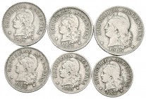 ARGENTINA. Lote compuesto por 6 monedas, conteniendo 5 Centavos 1898 y 1903; 10 Centavos 1897, 1905 y 1906 y 20 Centavos 1906. Cu/Ni. MBC-/MBC. A EXAM...