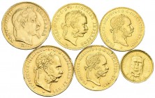 AUSTRIA, FRANCIA Y VENEZUELA. Lote compuesto por 6 monedas de oro, conteniendo: Austria. 10 Francs 1892 (2), 20 Francs 1892 y 1 Ducado 1915; Francia. ...