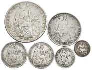 PERU. Lote compuesto por 6 monedas de Plata. Conteniendo 1/2 Dinero. 1900, 1 Dinero. 1866, 50 Céntimos de Sol. 1900 y 1907, 1/2 Sol. 1929 y 1 Sol. 192...
