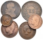 PORTUGAL. Lote compuesto por 6 monedas de cobre, conteniendo: Johannes VI. 40 Reis. 1819; Maria II. 20 Reis. 1848; Luis I. 10 y 20 Reis. 1883; Carlos ...