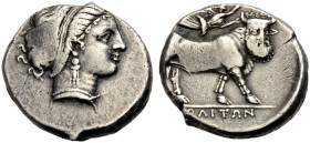 KAMPANIEN. NEAPOLIS. 
Didrachmon, 420-400 v. Chr. Nymphenkopf n. r. mit Ohrring und hochgebundenen, krausen Haaren mit einigen losen Strähnen. Rv. Ni...