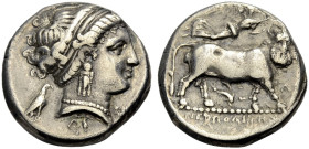 KAMPANIEN. NEAPOLIS. 
Nomos, 320-280 v. Chr. Kopf der Nymphe Parthenope n.r., ein Band im Haar, geschmückt mit einem dreifachen Ohranhänger und einer...