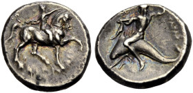 KALABRIEN. TARENT. 
Nomos, 300-280 v. Chr. Nackter Jüngling auf Pferderücken n.r., das Tier mit der Rechten bekränzend. Rv. ΤΑΡΑΣ Phalanthos, nackt, ...