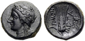 LUKANIEN. METAPONT. 
Bronze, 300-250 v. Chr. Kopf des Apollon mit L. n.l. Rv. Ähre, l. ΤΙΜΩΝ, r. META, im rechten Feld Dreifuß. 4,13 g., 16 mm. Rutte...