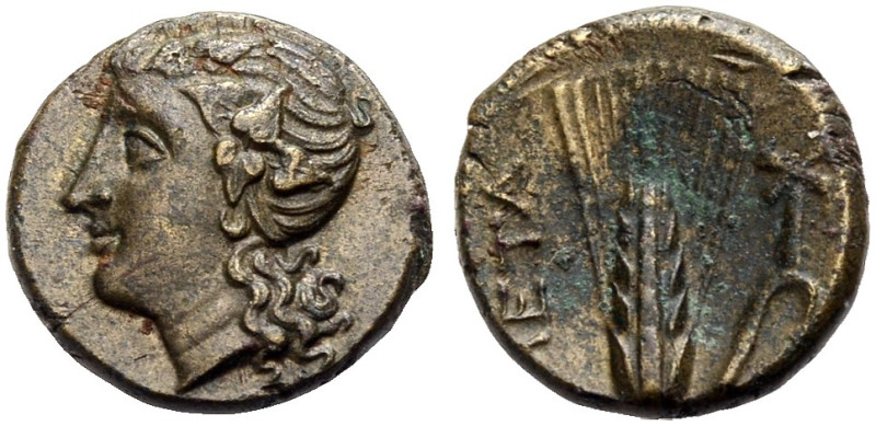 LUKANIEN. METAPONT. 
Bronze, 3. Jh. v. Chr. Kopf des Dionysos mit Efeukranz und...