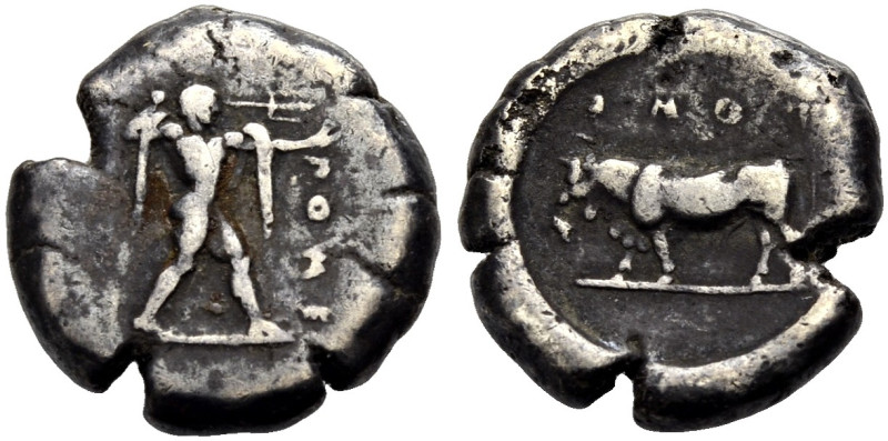 LUKANIEN. POSEIDONIA. 
Nomos, 475-450 v. Chr. ΠΟΜΕΣ Poseidon nackt, Mantel über...