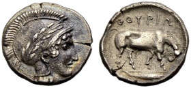 LUKANIEN. THURIOI. 
AR Triobol, 443-400 v. Chr. Kopf der Athena n. r. in einem mit Lorbeer geschmückten Helm. Rv. ΘΟΥΡΙΩ Stier n. r. stoßend, darunte...