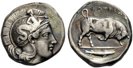 LUKANIEN. THURIOI. 
Didrachmon, ca. 400-330 v. Chr. Kopf der Athena n. r., der Helm dekoriert mit Figur der Scylla, die die Linke ausstreckt und in d...