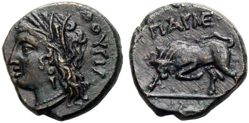LUKANIEN. THURIOI. 
Bronze, 300 v. Chr. Kopf der Kore- Persephone n.l. mit Ähre...
