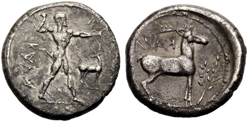 BRUTTIUM. KAULONIA. 
Nomos, 485-470 v. Chr. KAVΛ (rückl.) Apollon nackt n.r., i...