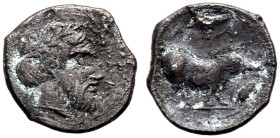 SIZILIEN. ABAKAINON. 
Litra, 450-420 v. Chr. Bärtiger Kopf mit L. n.r. Rv. (ABAK) Eber n.r., unter seinem Kopf Eichel. 0,67 g. 11 mm. A.Bertino, Emis...