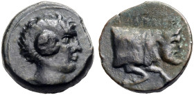 SIZILIEN. AGYRION. 
Bronze, ca. 355-339 v. Chr. Barhäuptiger, männlicher Kopf n. r. Rv. ΠΑΛΑΓΚΑΙΟΣ Bärtige androkephale Stierprotome n. r. 5,20 g. 17...