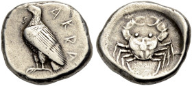 SIZILIEN. AKRAGAS. 
Didrachmon, 495-485 v. Chr. Adler mit geschlossenen Flügeln n.l. stehend, r. AKPA Rv. Krabbe im Inkusum. 8,84 g. 22 mm. Westermar...