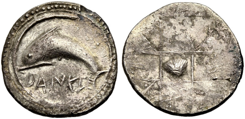 SIZILIEN. MESSANA. 
Drachme, 520-493 v. Chr. Delphin n.l. in Sichel (Andeutung ...