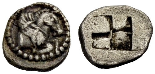 MAKEDONIEN. THERMA. 
Hemiobol, 500-465 v. Chr. Geflügelte Pferdeprotome n.r. Rv...