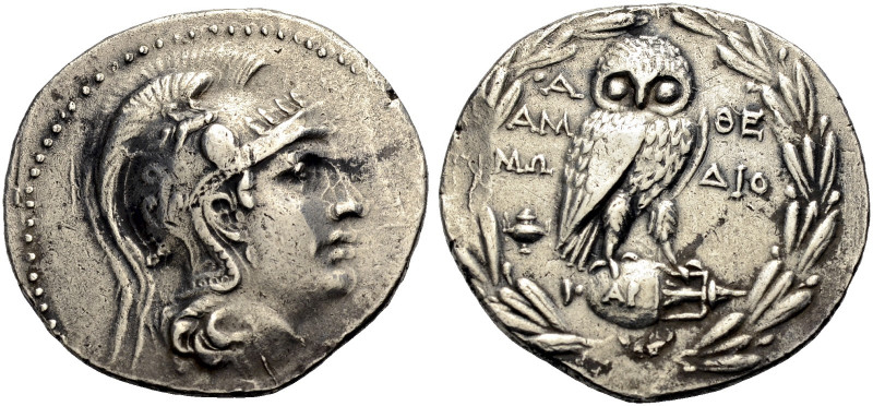 ATTIKA. ATHEN. 
Tetradrachmon, neuer Stil. 181-180 v. Chr. Kopf der Athena n. r...