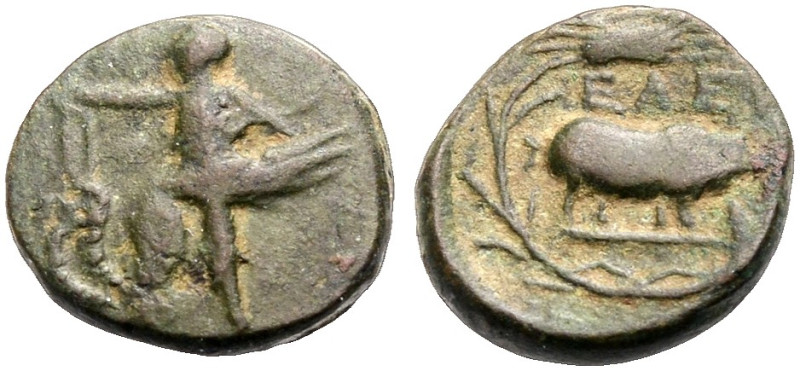 ATTIKA. ELEUSIS. 
Bronze, 3. Jh. v. Chr. Triptolemos mit Kornähren in der Recht...