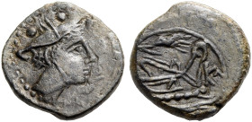 RÖMISCHE REPUBLIK. Kornähre, 211-210 v. Chr.
Sextans. Merkurkopf n. r., darüber zwei Wertkugeln. Rv. Prora, darüber Ähre, l. Monogramm K^. 6,17 g., 2...
