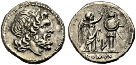 RÖMISCHE REPUBLIK. l, 211-208 v. Chr. 
Victoriatus Luceria. Kopf des Zeus mit welligen Locken n. r. Rv. ROMA Victoria n. r. stehend, ein Tropaion bek...