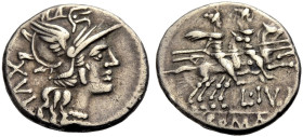 RÖMISCHE REPUBLIK. L. Iulius, 141 v. Chr. 
Denar. Romakopf im geflügelten Helm n.r., dahinter XVI Rv. L.IVLI/ ROMA Die Dioskuren zu Pferd n.r. spreng...