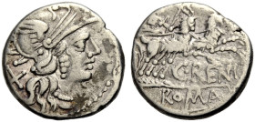 RÖMISCHE REPUBLIK. C. Renius, 138 v. Chr. 
Denar. Kopf der Roma im geflügelten Helm n. r., dahinter Wertmarke X Rv. C. RENI / ROMA Iuno mit Zepter in...
