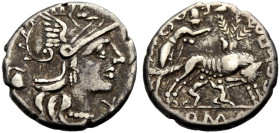 RÖMISCHE REPUBLIK. Sextus Pompeius Fostlus, 137 v. Chr. 
Denar. Romakopf im geflügelten Helm n. r., unter dem Kinn Wertmarke X, im Felde l. einhenkli...