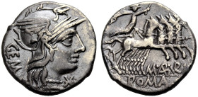 RÖMISCHE REPUBLIK. M. Aburius Gem. 132 v. Chr. 
Denar. GEM Romakopf im geflügelten Helm n.r., im Felde r. Wertzeichen * Rv. M.ABVRI/ROMA Sol mit Strk...