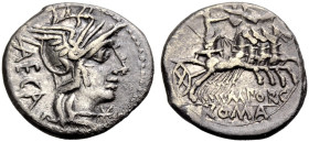 RÖMISCHE REPUBLIK. M. Porcius Laeca, 125 v. Chr. 
Denar. LAECA Kopf der Roma im geflügelten Helm n. r., davor Wertmarke Stern. Rv. M. PORC / ROMA Lib...