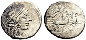 RÖMISCHE REPUBLIK. C. Porcius Cato, 123 v. Chr. 
Denar. Kopf der Roma im geflügelten Helm n. r., dahinter Wertmarke X Rv. C. CATO / ROMA Victoria in ...