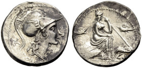 RÖMISCHE REPUBLIK. Anonym, 115 oder 114 v. Chr. 
Denar. ROMA Kopf der Roma im geflügelten korinthischen Helm n. r., dahinter X Rv. Roma mit Lanze in ...