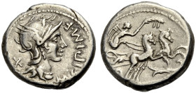 RÖMISCHE REPUBLIK. M. Cipius, 115-114 v. Chr. 
M. CIPI. M. F Kopf der Roma mit geflügeltem Helm n. r., dahinter Wertmarke X Rv. ROMA Victoria in galo...