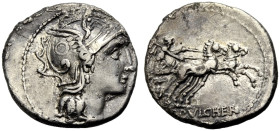 RÖMISCHE REPUBLIK. C. Claudius Pulcher, 110-109 v. Chr. 
Denar. Romakopf im geflügelten Helm n.r. / C.PVLCHER Victoria in n.r. sprengender Biga. 3,91...