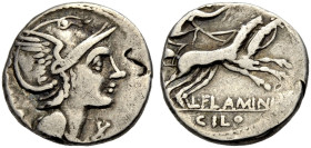 RÖMISCHE REPUBLIK. L. Flaminius Chilo, 109 oder 108 v. Chr. 
Denar. ROMA Romakopf im geflügelten Helm, unter dem Kinn Wertmarke X Rv. L. FLAMINI/ CIL...