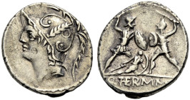 RÖMISCHE REPUBLIK. Q. Minucius Thermus, 103 v. Chr. 
Denar. Kopf des Mars im Helm mit Helmbusch n. l. Rv. Q. THERM. MF. (MF in Ligatur). Römischer So...