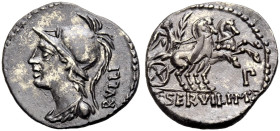 RÖMISCHE REPUBLIK. P. Servilius Rullus, 100 v. Chr. 
Denar. RVLLI Büste der Minerva mit korinthischem Helm und Aegis n. l. Rv. P. SERVILI. M. F Victo...