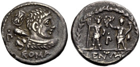 RÖMISCHE REPUBLIK. P. Cornelius Lentulus Marcellinus, 100 v. Chr. 
Denar. ROMA Büste des Hercules mit Löwenfell n. r., Keule über der l. Schulter; l....